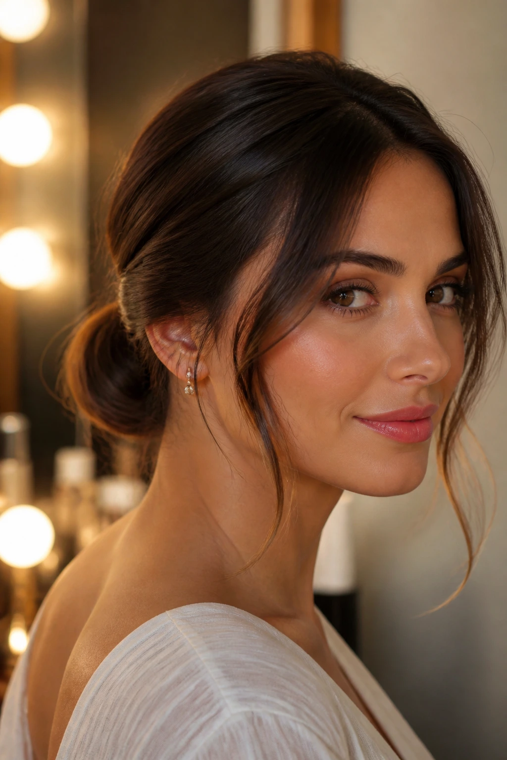Woman with a low bun and loose face-framing pieces in a dressing room