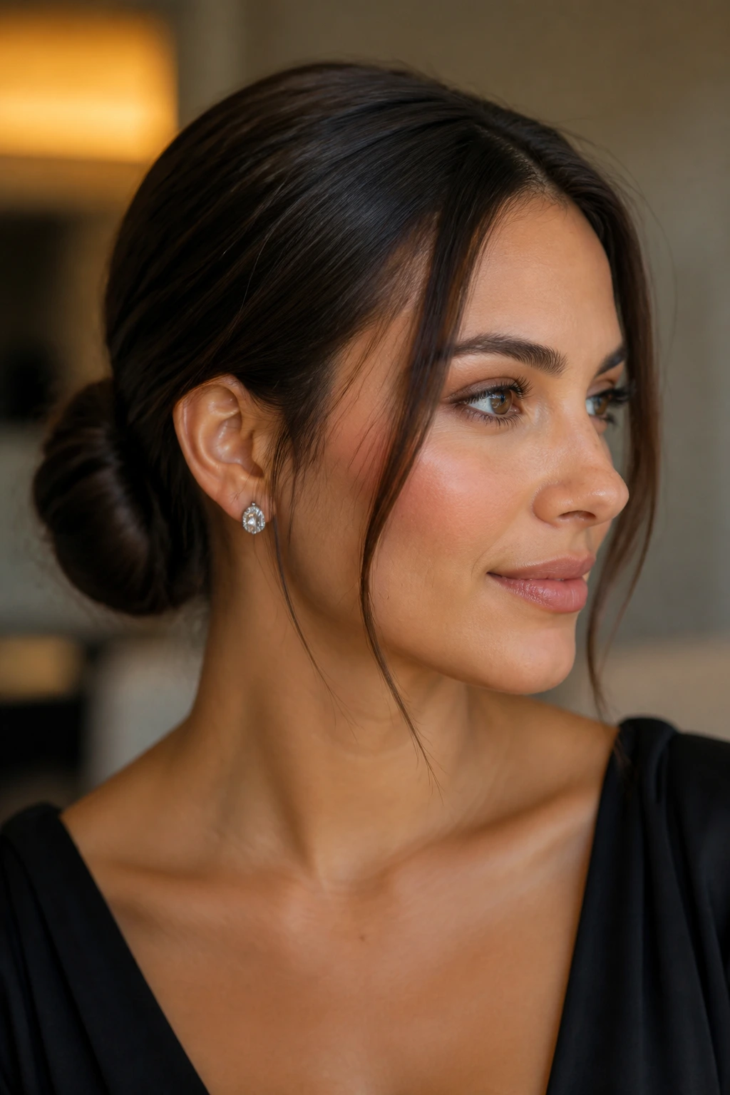 Close-up of woman in a sleek low bun with face-framing strands