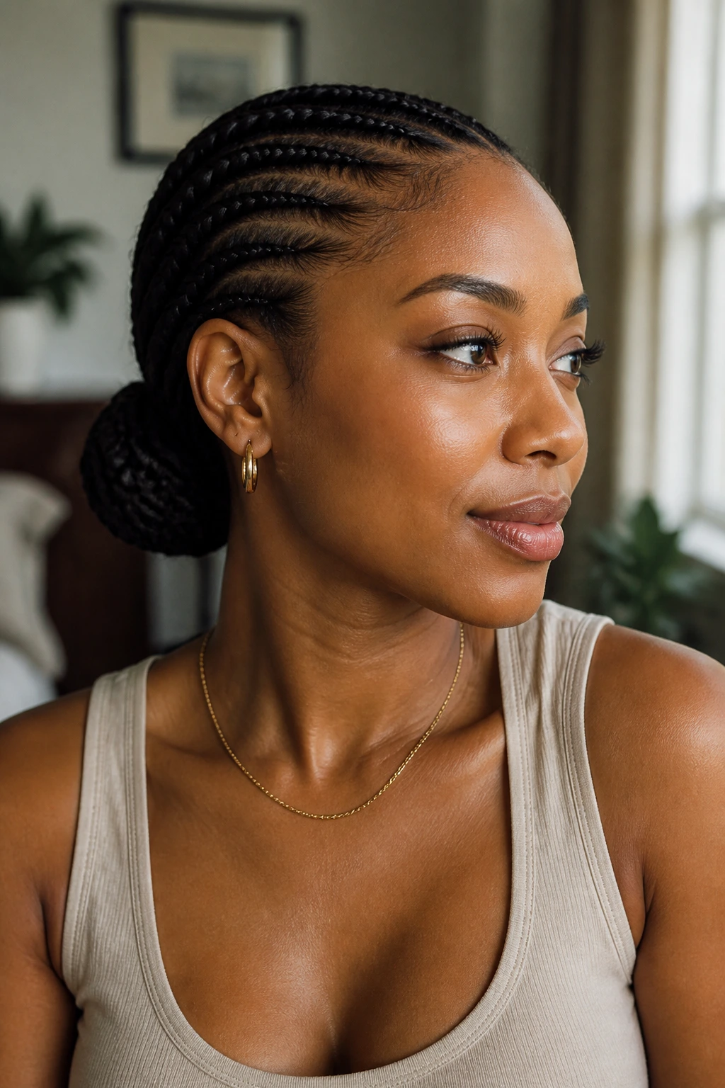 Portrait of a woman with a calm, low bun, showing wearability.