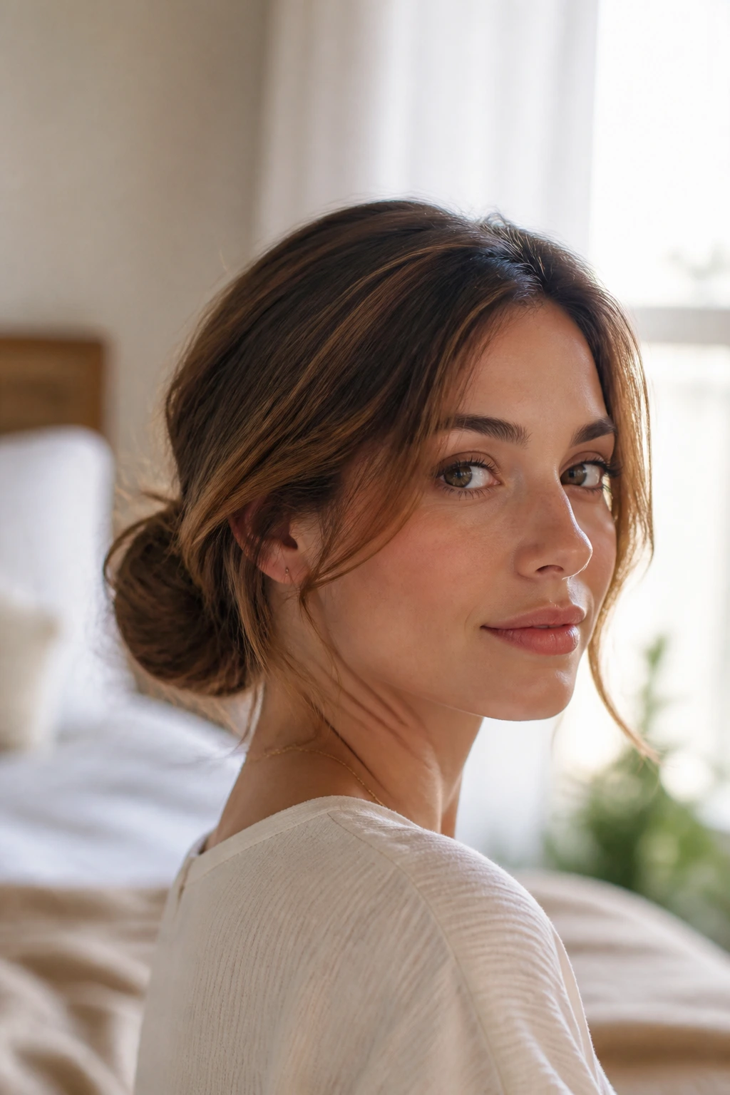 Close-up of a real person with a soft low bun at the nape in warm window light