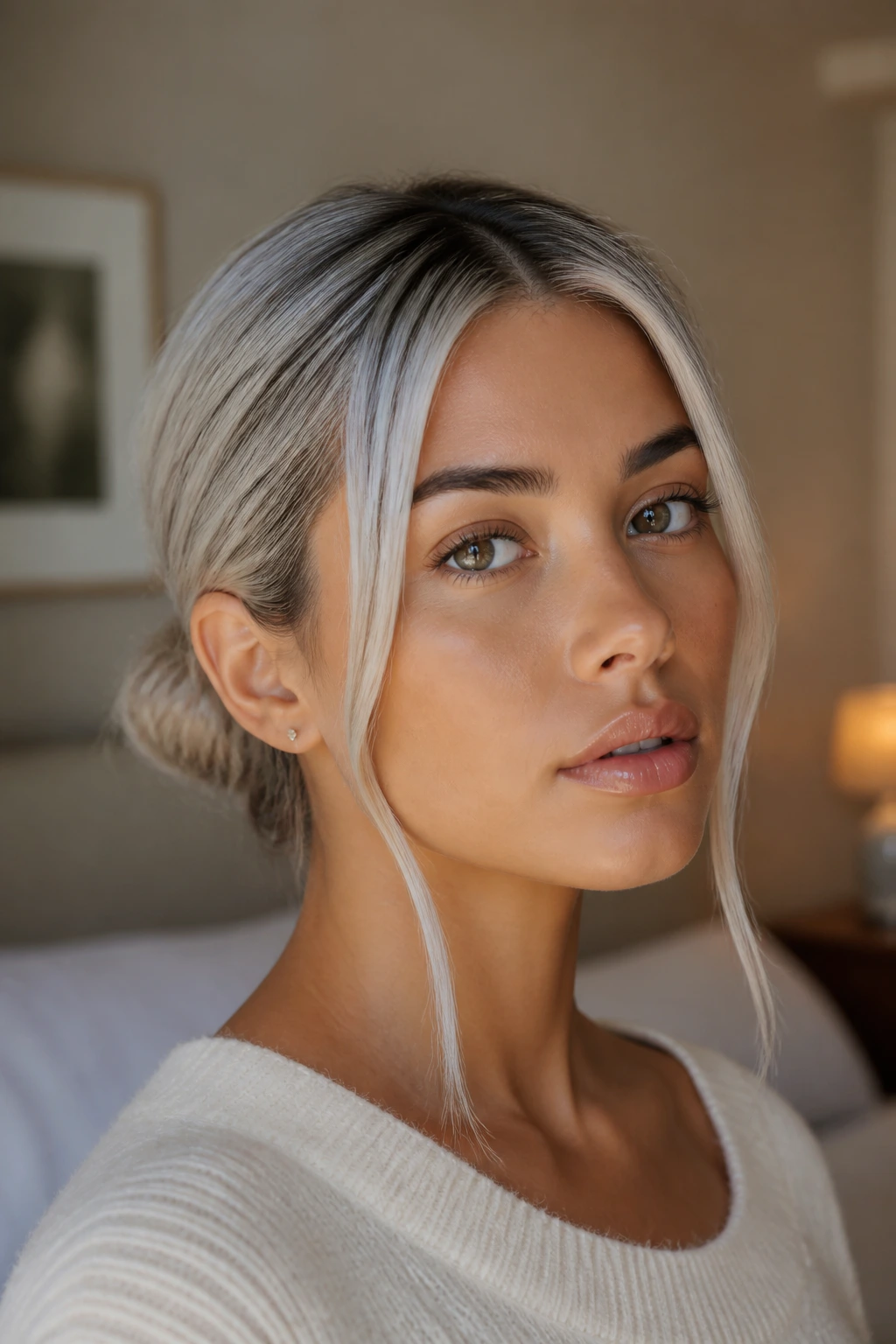 Real woman with low bun and ice-bright tendrils icy blonde