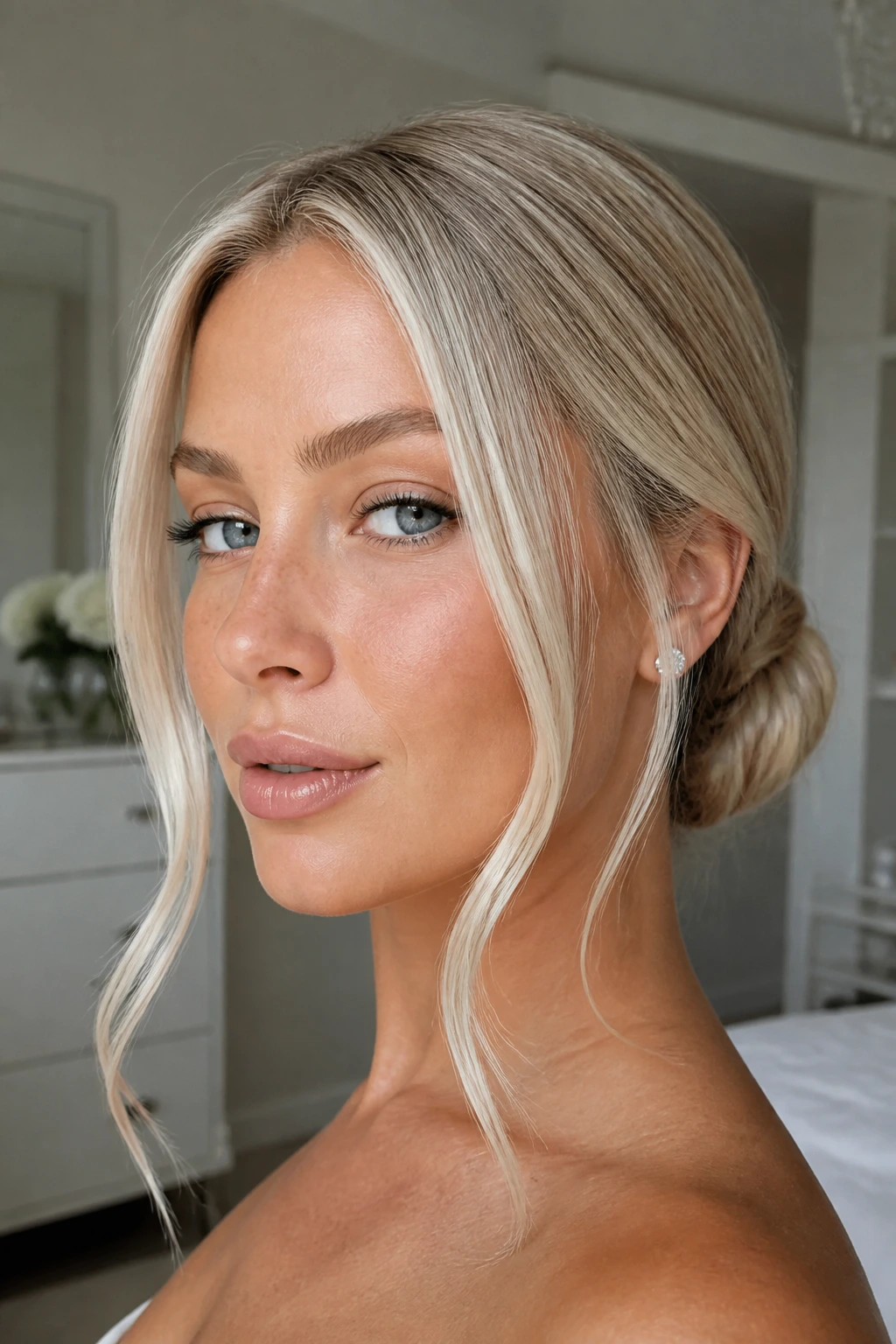 Close-up of a real woman with a low bun and icy tendrils framing the face
