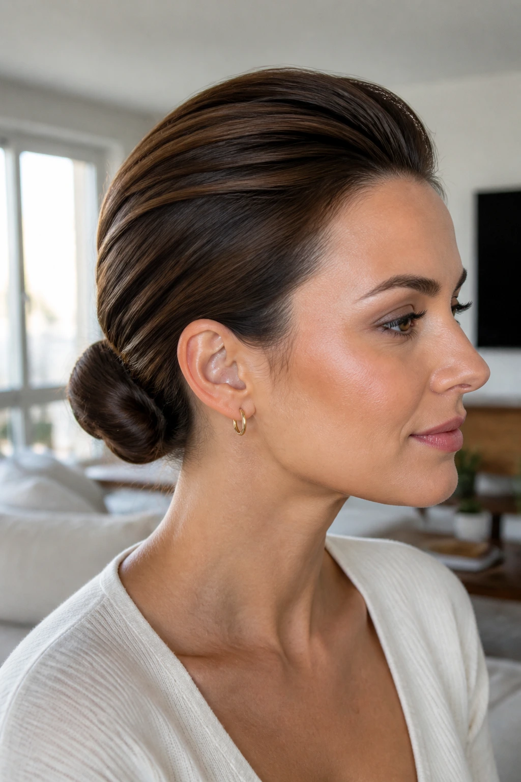 Portrait of a woman with a sleek low bun and lifted crown