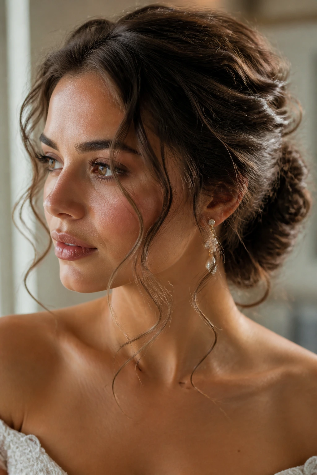 Close-up of a real woman wearing a low bun with loose wave veil framing the face