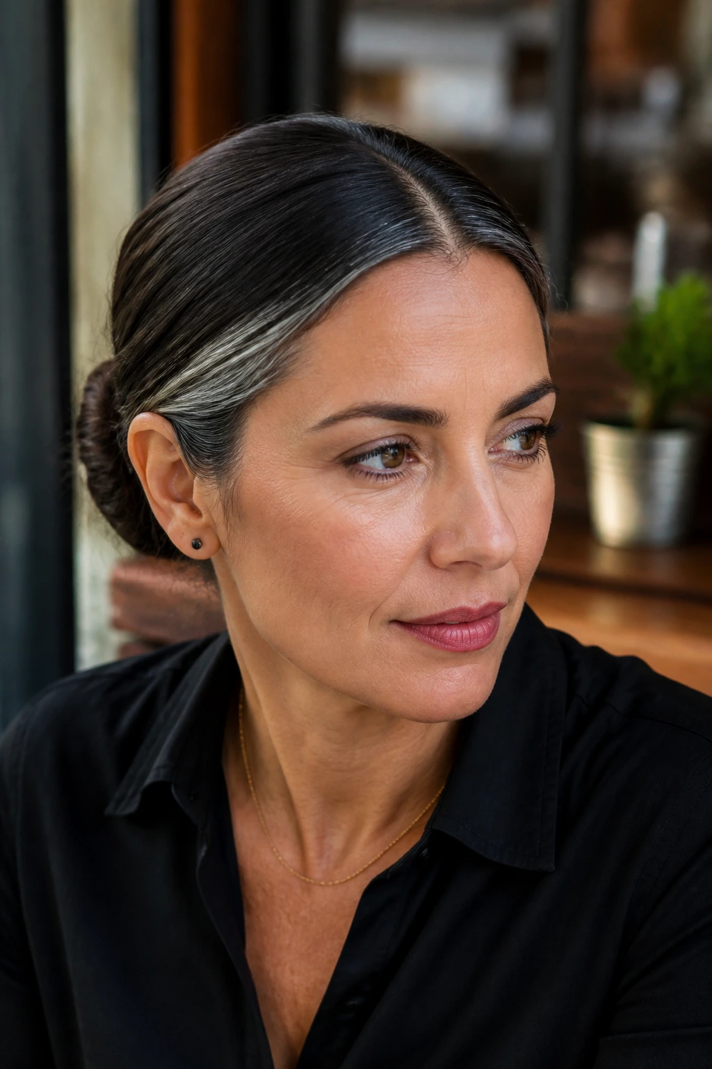 Close-up of a real woman with a sleek low bun and a clean middle part on dark brunette hair with temple grey highlights