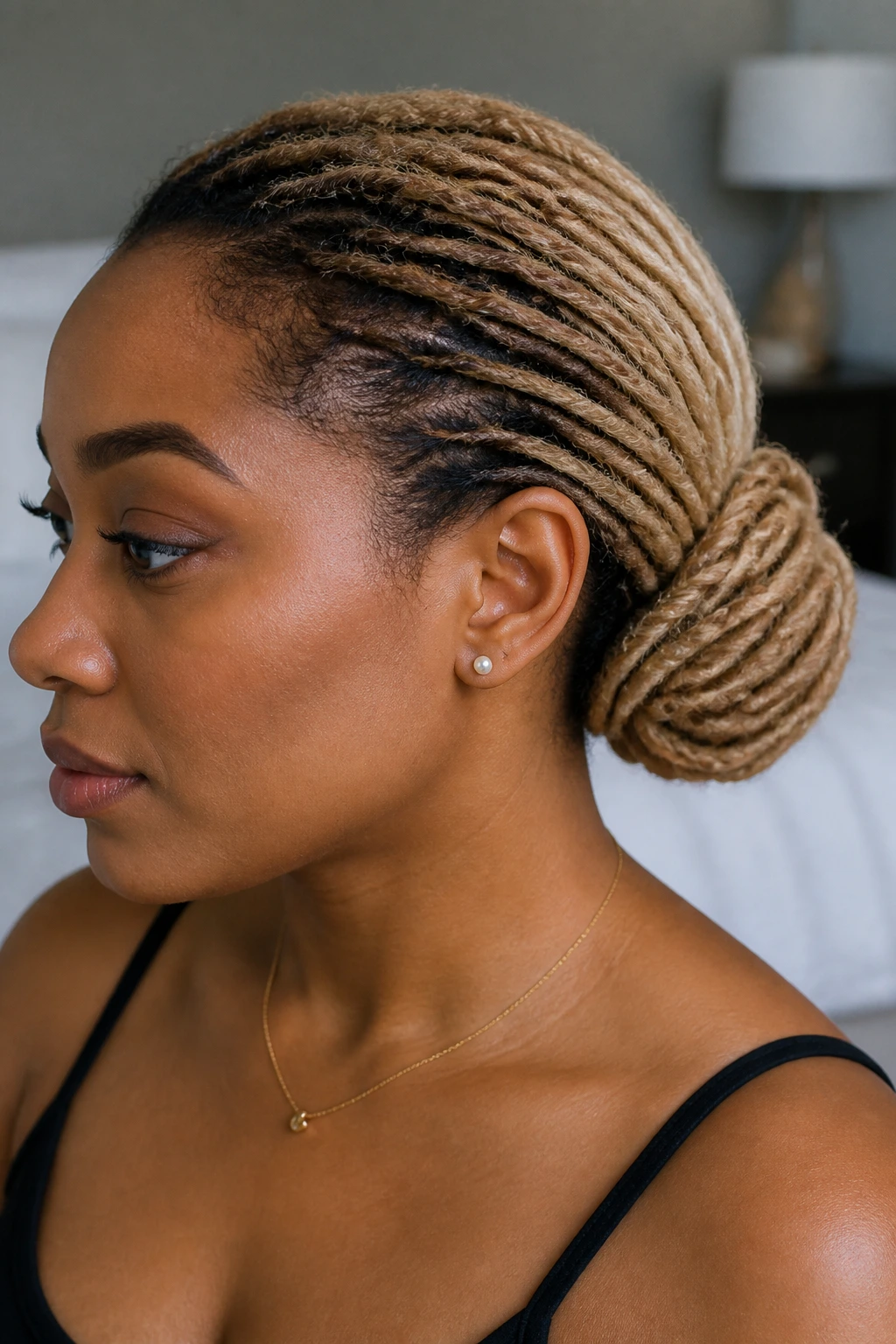 Close-up of a real woman with a low bun and shadow roots in blonde locs