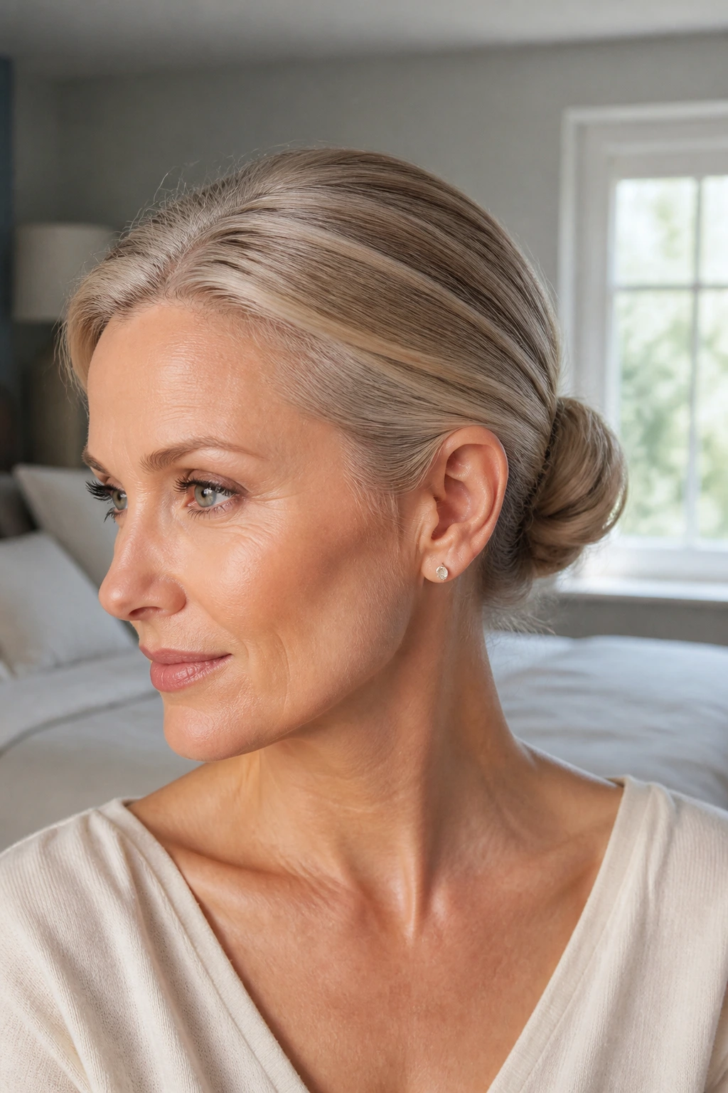 Close-up portrait of a woman with a compact low bun demonstrating a silhouette for fine hair