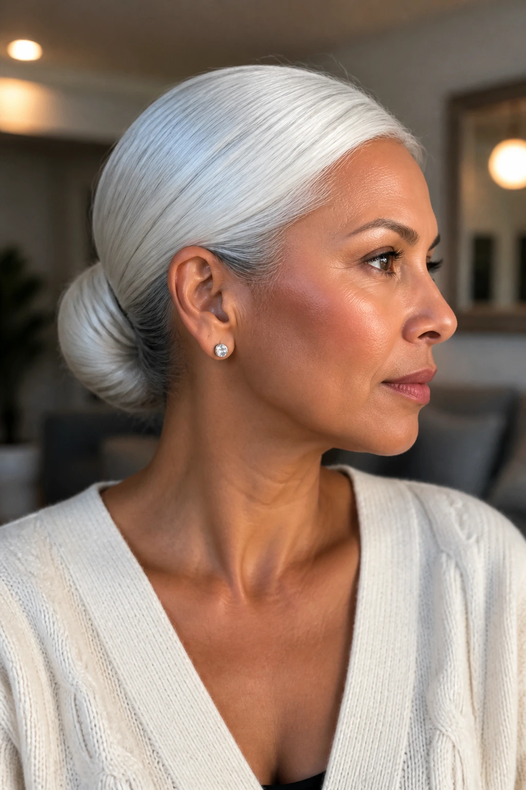 Close-up of a real person with a sleek low bun and glossy white-silver hair.