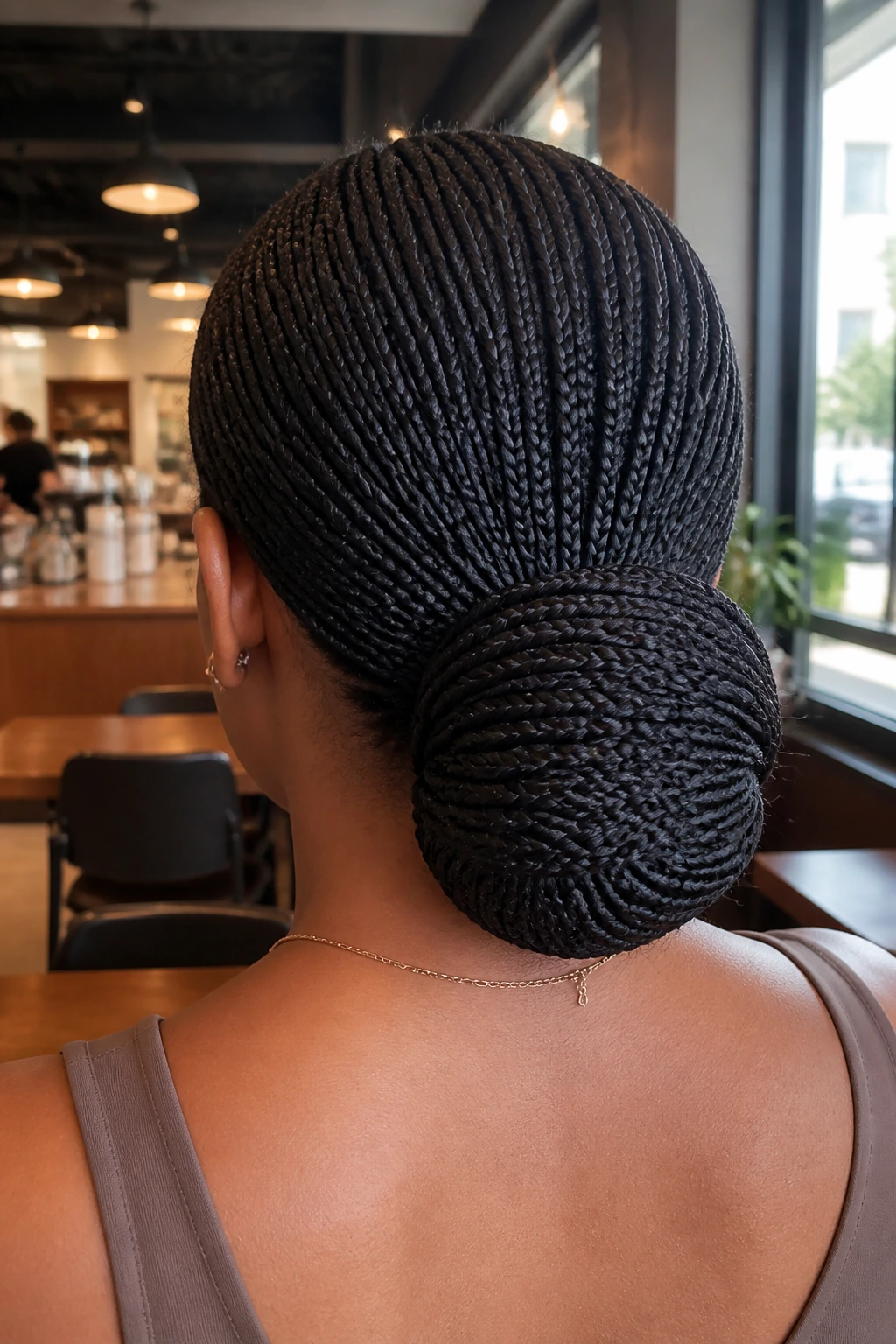 Back view of real woman with a low bun made from single braids