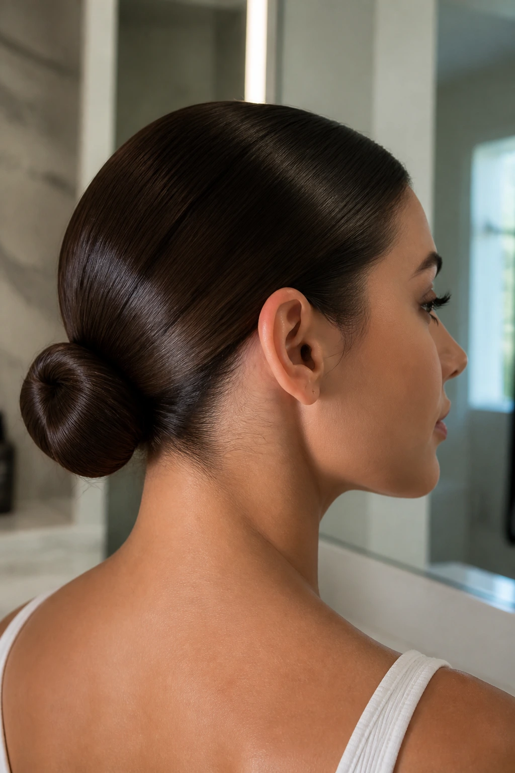 Close-up of real person with a low sleek bun at the nape.