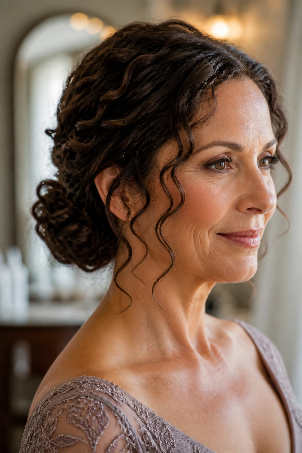 Close-up of a real woman with a low bun and face-framing curls for a wedding.