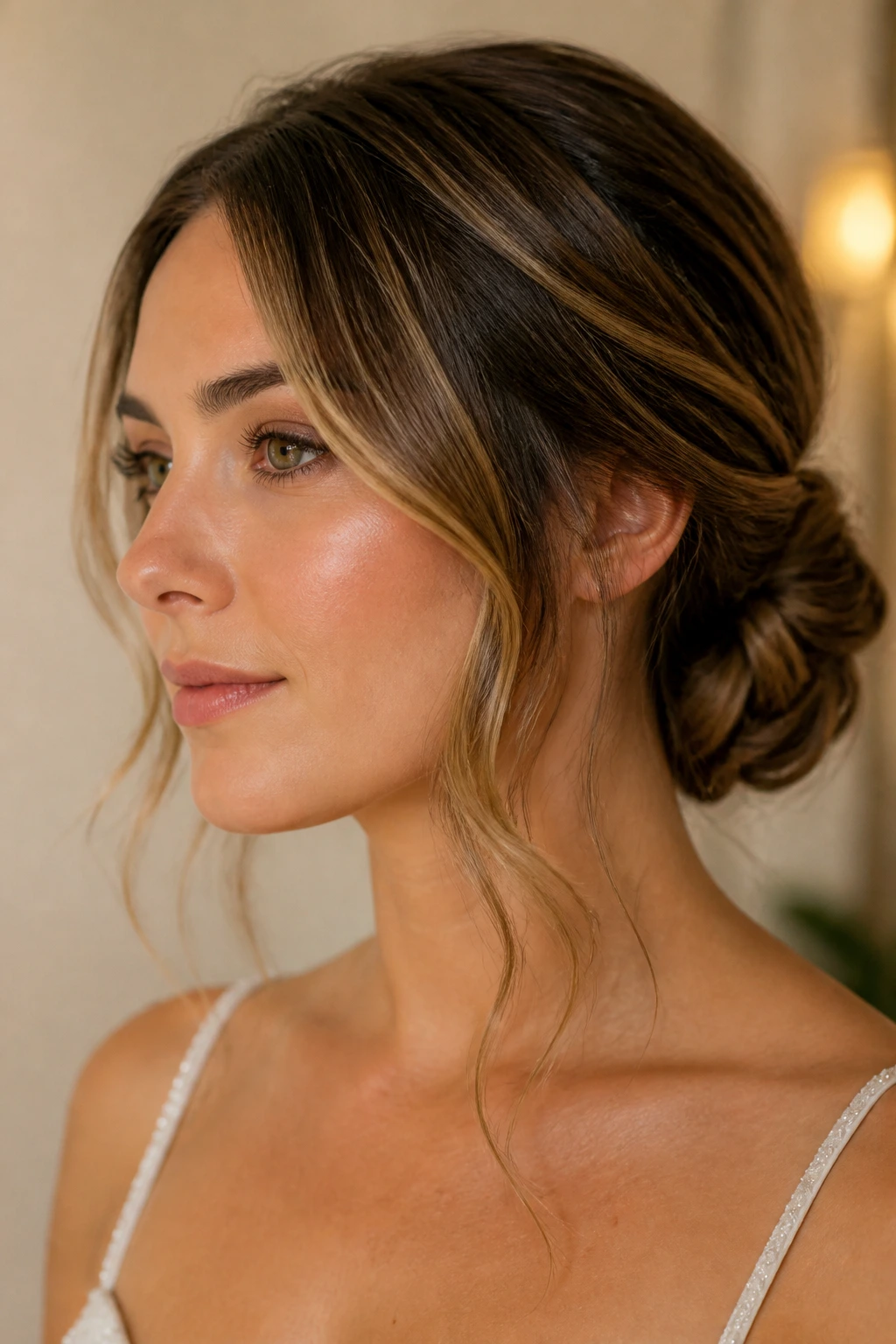 Close-up of real woman with low bun and airy tendrils at neckline.