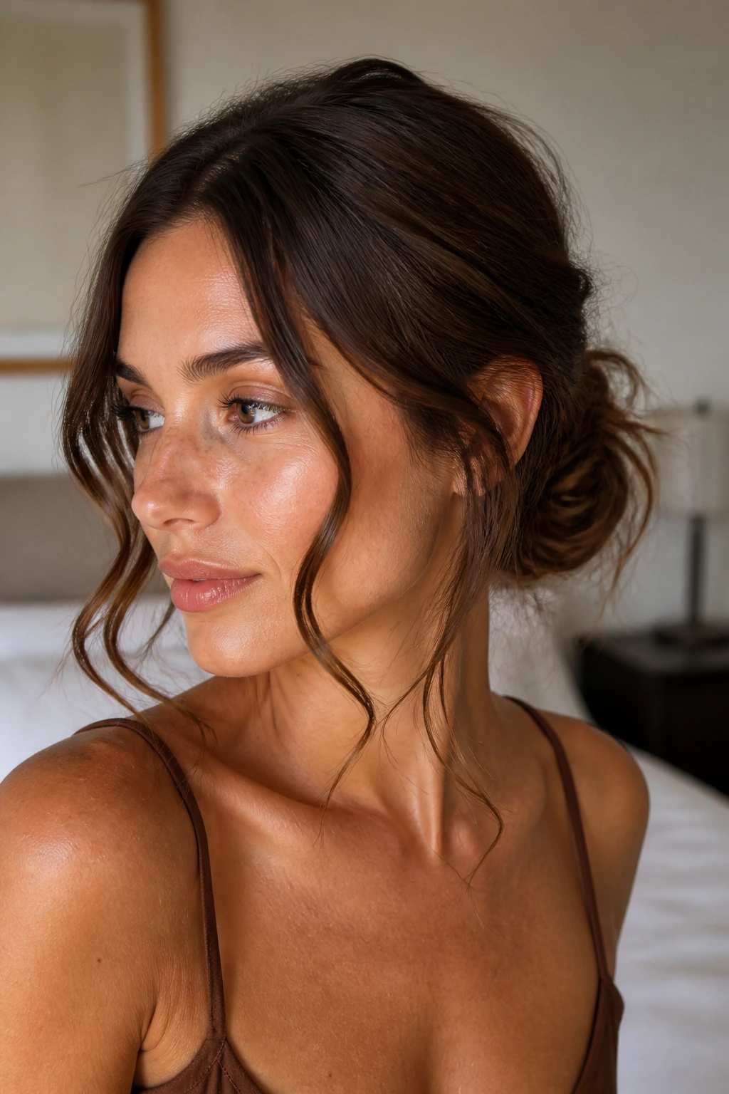 Brunette with low wavy bun and tendrils framing face