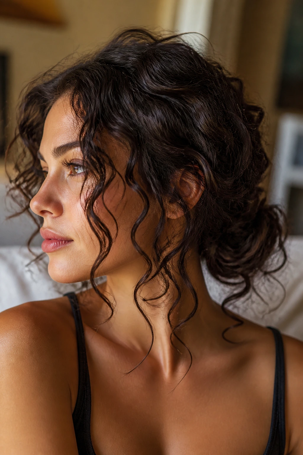 Close-up of a real woman with a low bun and tendrils curling around the face