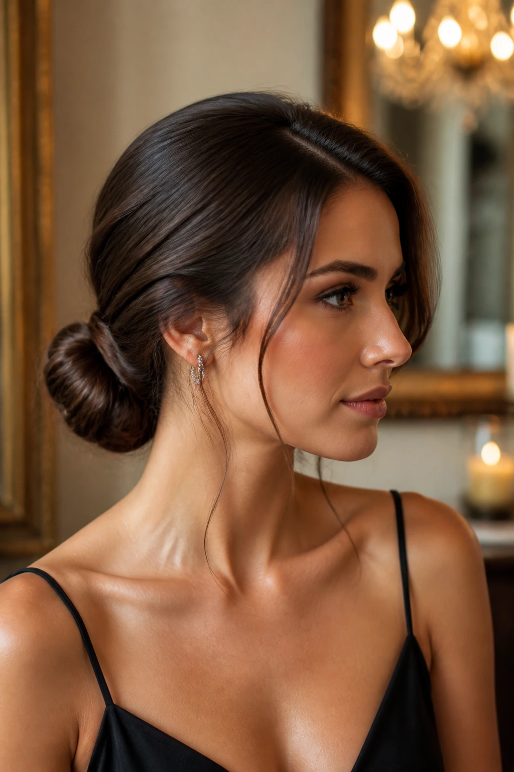 Close-up portrait of a real woman with a low bun and tendrils and side-part