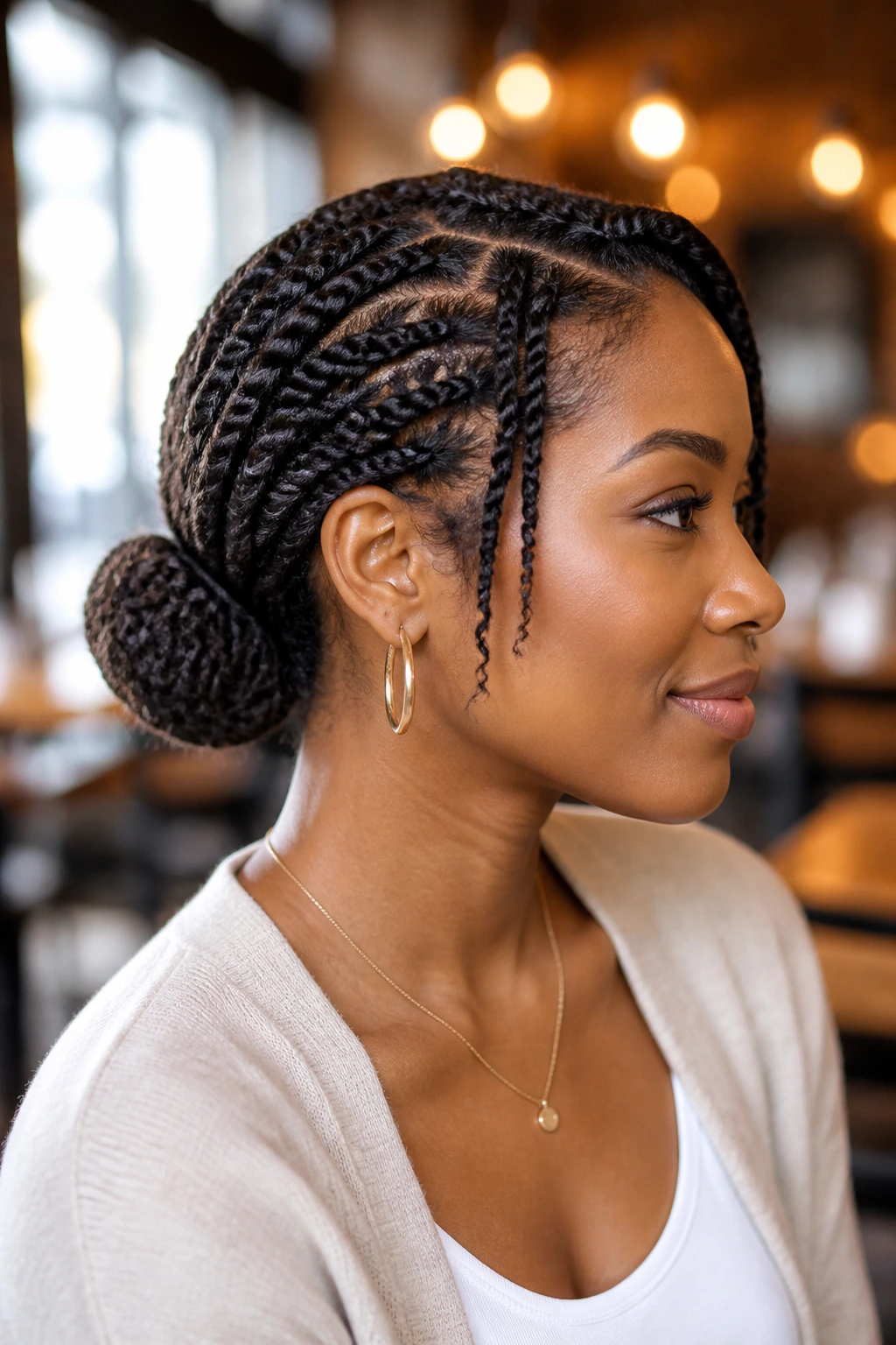 Real person with wrapped low bun twists at the nape.