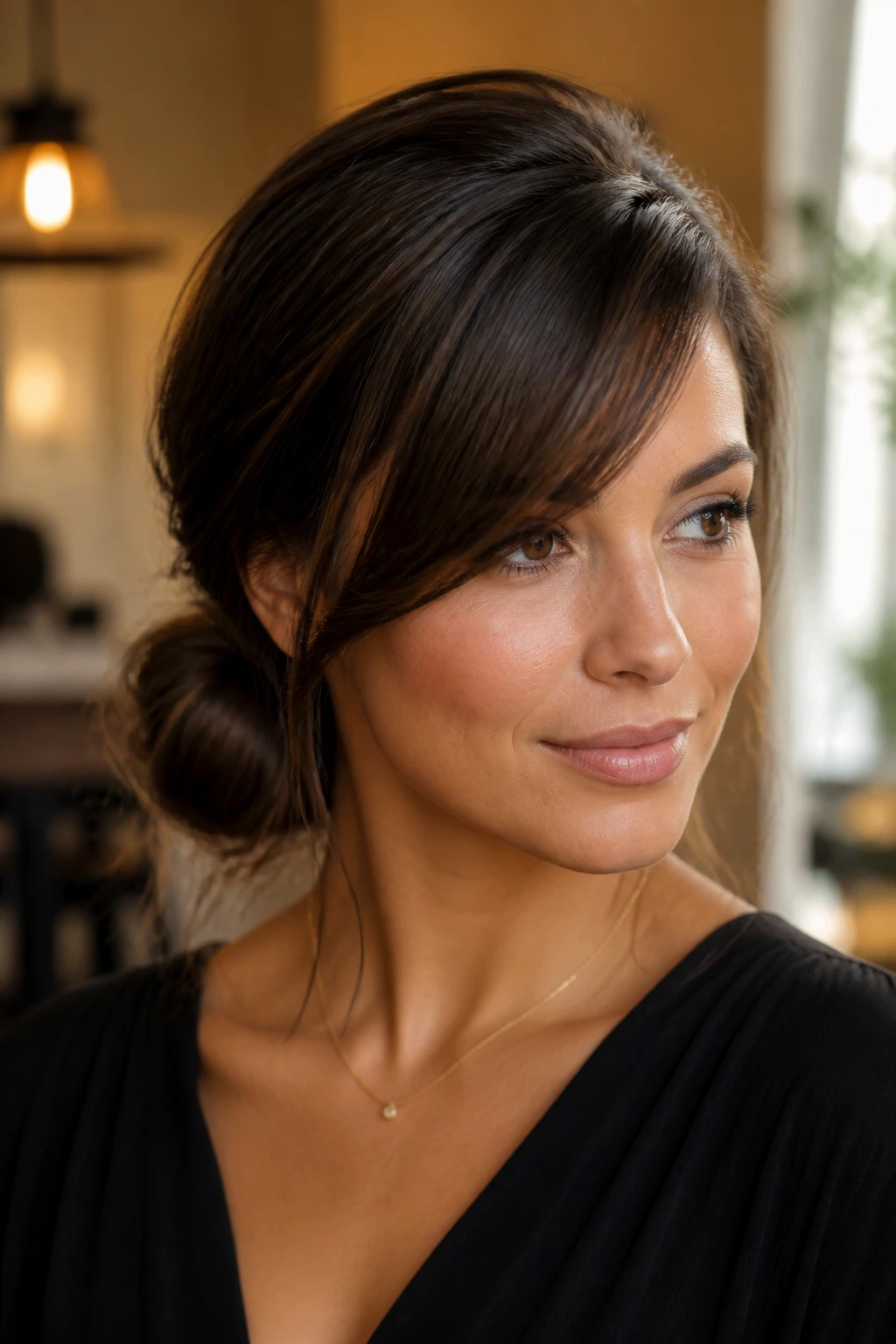 Close-up portrait of a real woman with a low bun and one-sided volume and side bang