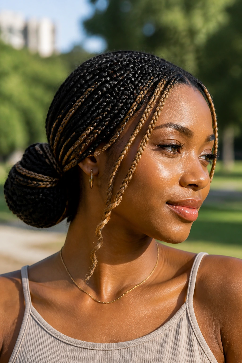 Close-up of a real person with a low bun in a sunny outdoor setting