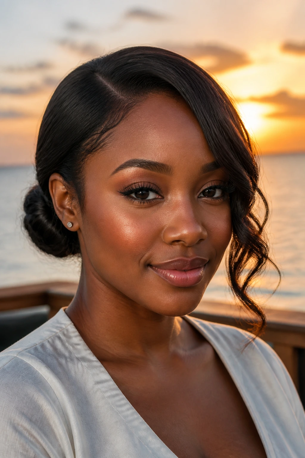 Close-up of a woman with a low bun and a one-side wave fall by a seaside deck at sunset.