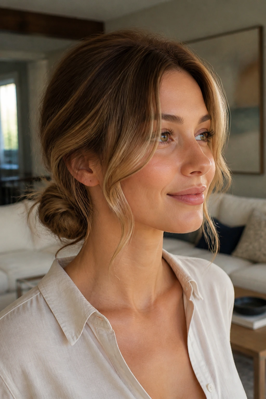 Close-up of an oval-faced woman with a low loose bun and face-framing pieces.