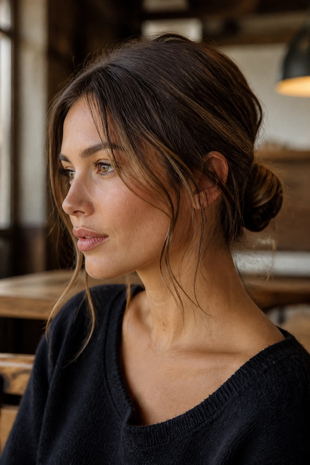 Close-up of a woman with low bun and wispy pieces around the face in cafe light