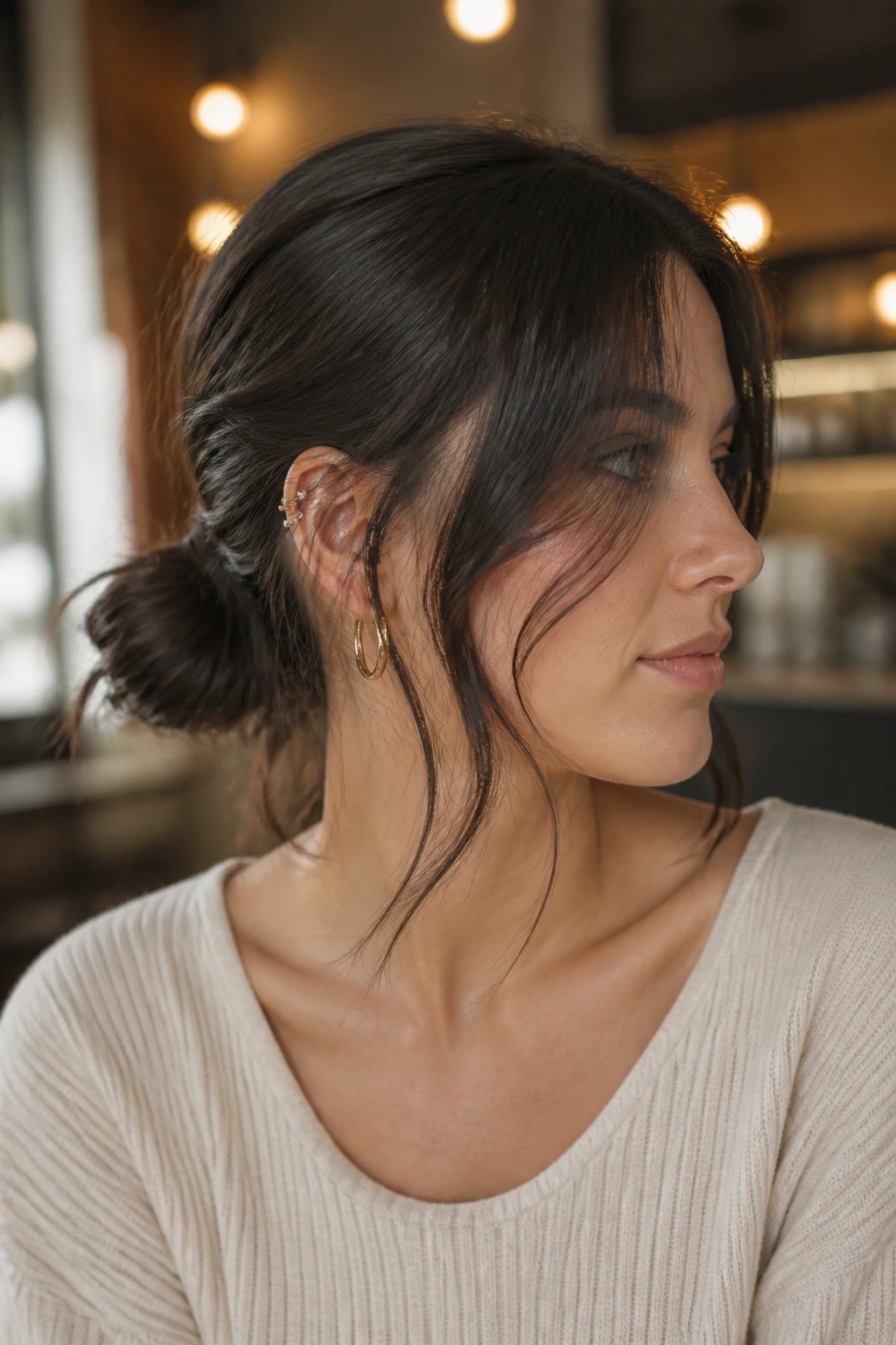 Close-up of a real person with a low bun and wispy strands around the face