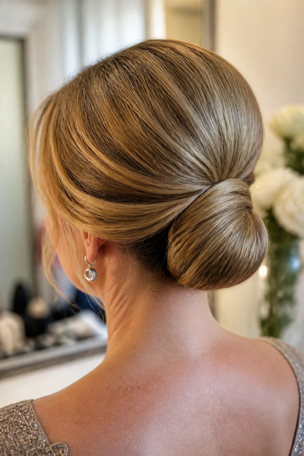 Close-up of a real woman with a smooth low bun at the nape showing wrapped base