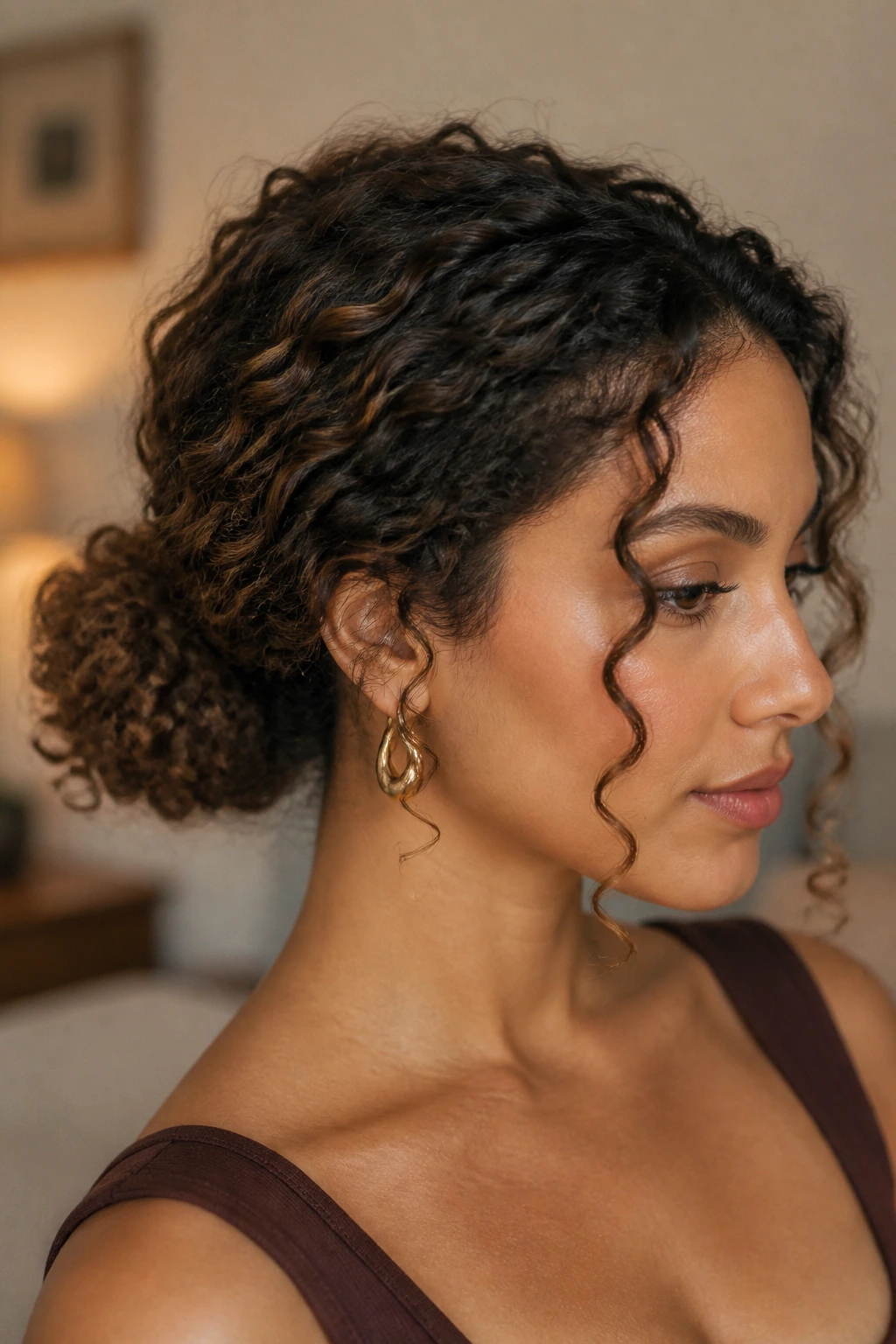 Close-up of a real woman's low curly bun with face-framing curls