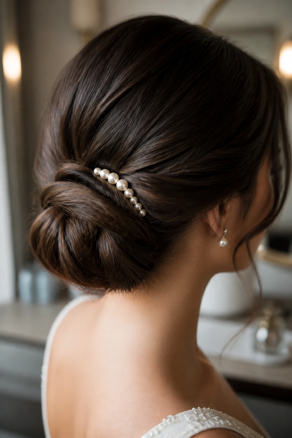 Close-up of a low chignon accented by a delicate pearl pin along the curve