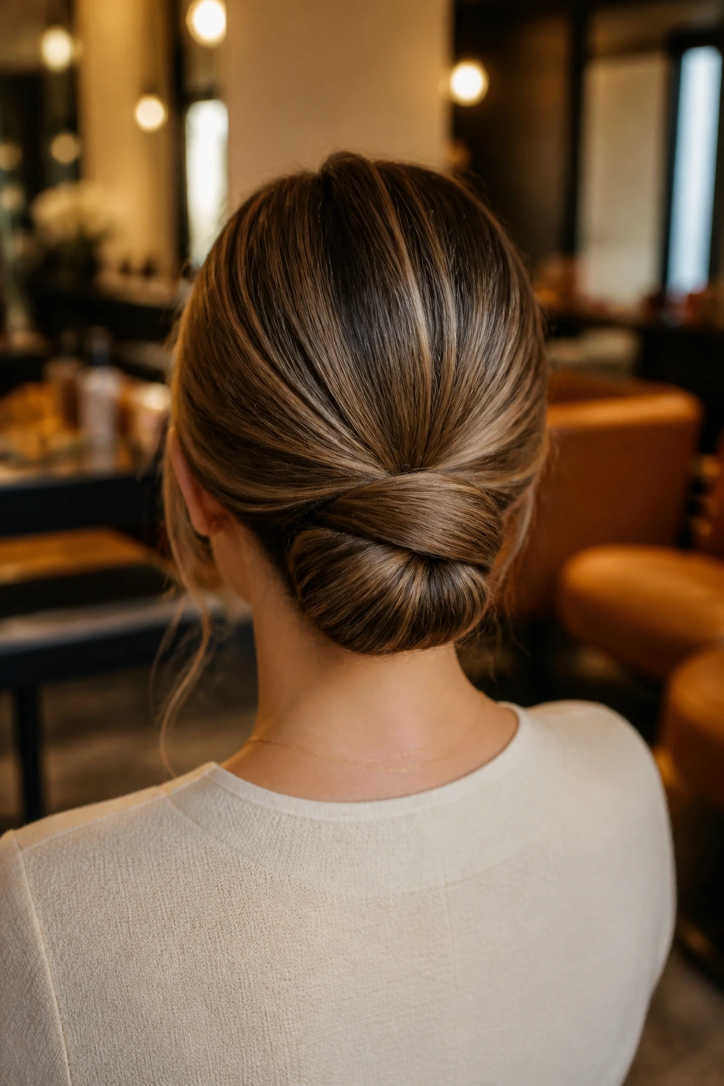 Back view of a real woman with a tailored low chignon