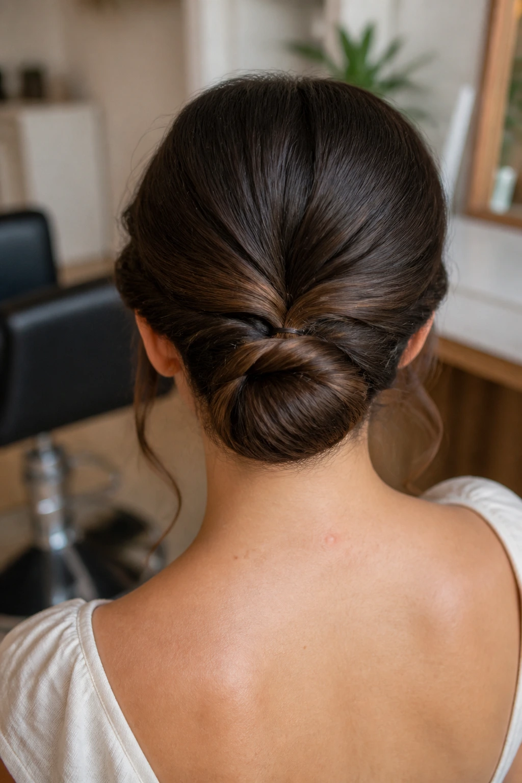 Back view of real woman with elastic-secured low chignon base