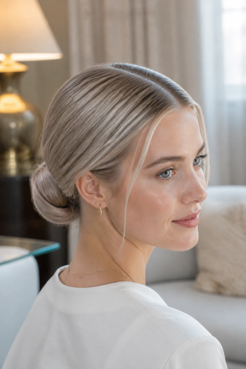 Portrait of a real woman with center part and low chignon in ash blonde