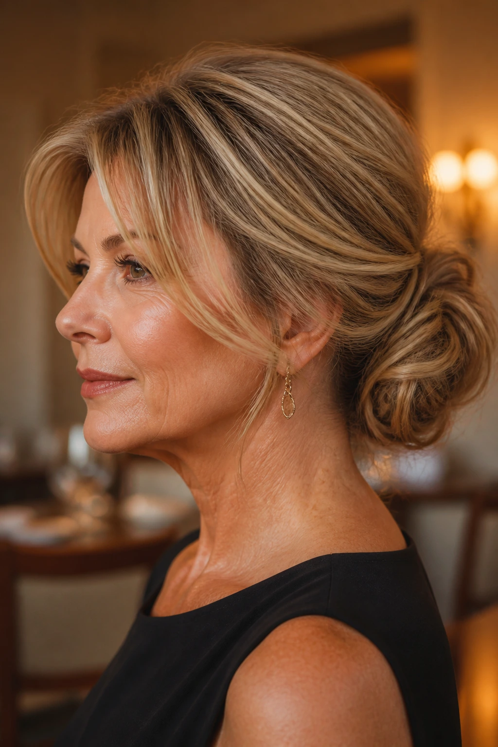 Close-up of a woman with a low chignon and warm blonde depth in a softly lit room
