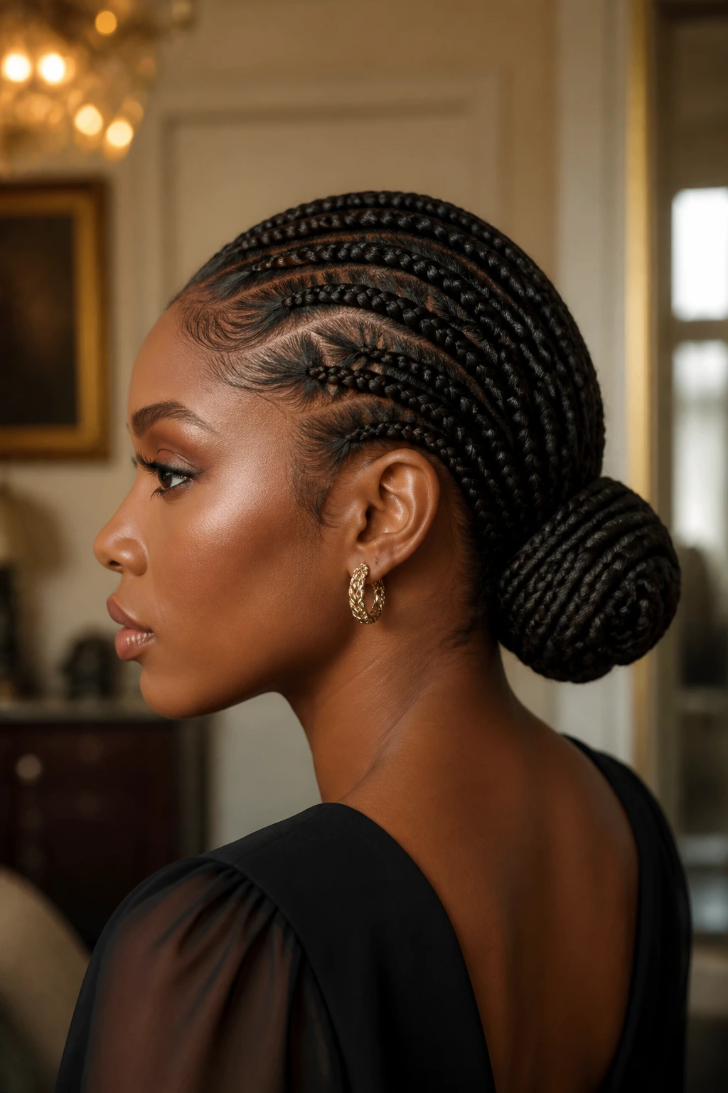 Profile view of real woman with a low braided chignon at the nape