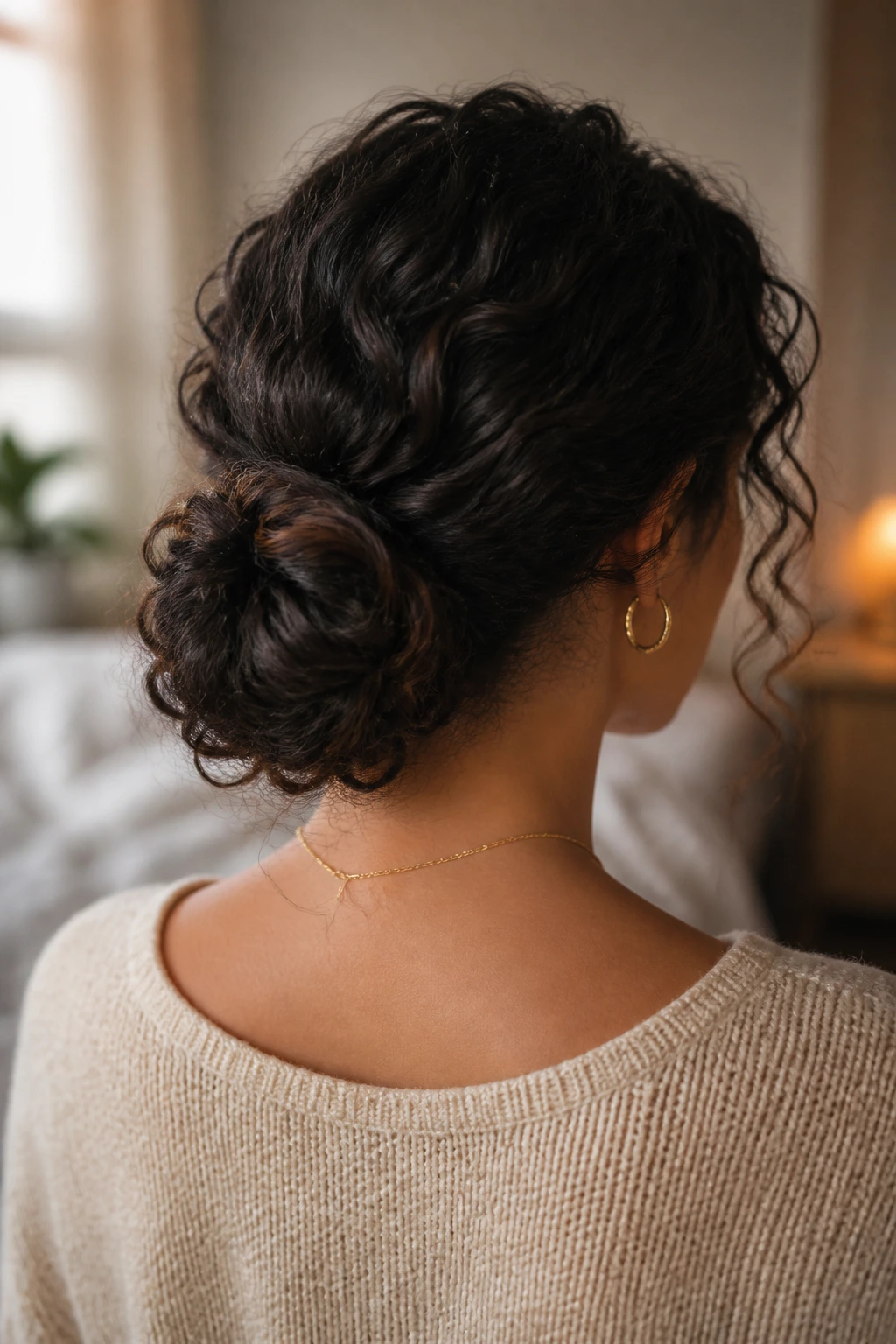 Back view of a real woman displaying a sleek low chignon hairstyle