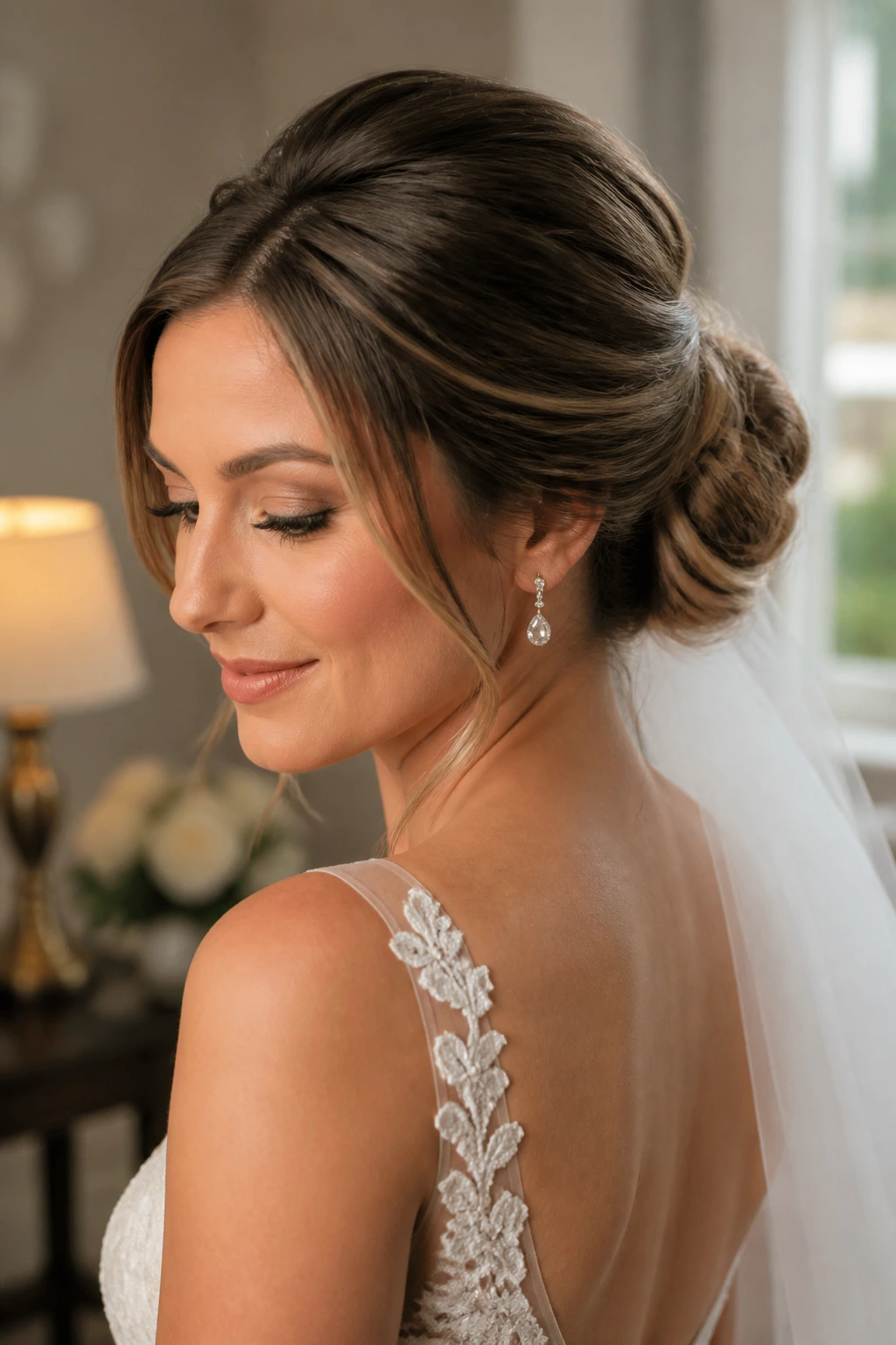 Bride with lifted crown chignon and veil anchor