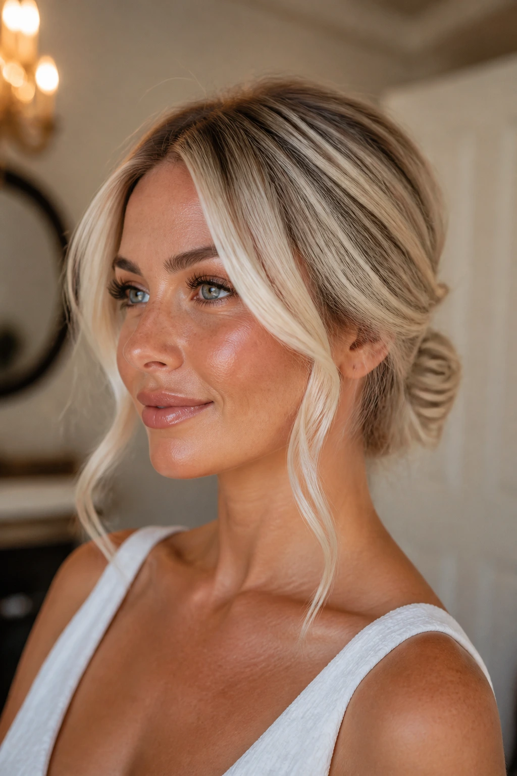 Close-up of a low chignon with bright front pieces on icy blonde hair