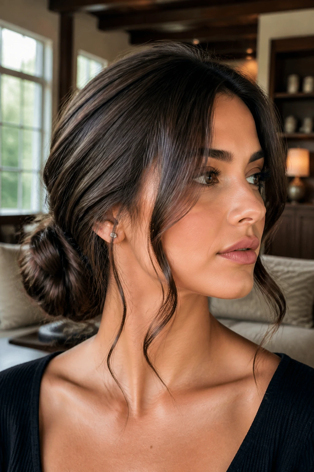 Brunette woman with low chignon and tendrils framing the face