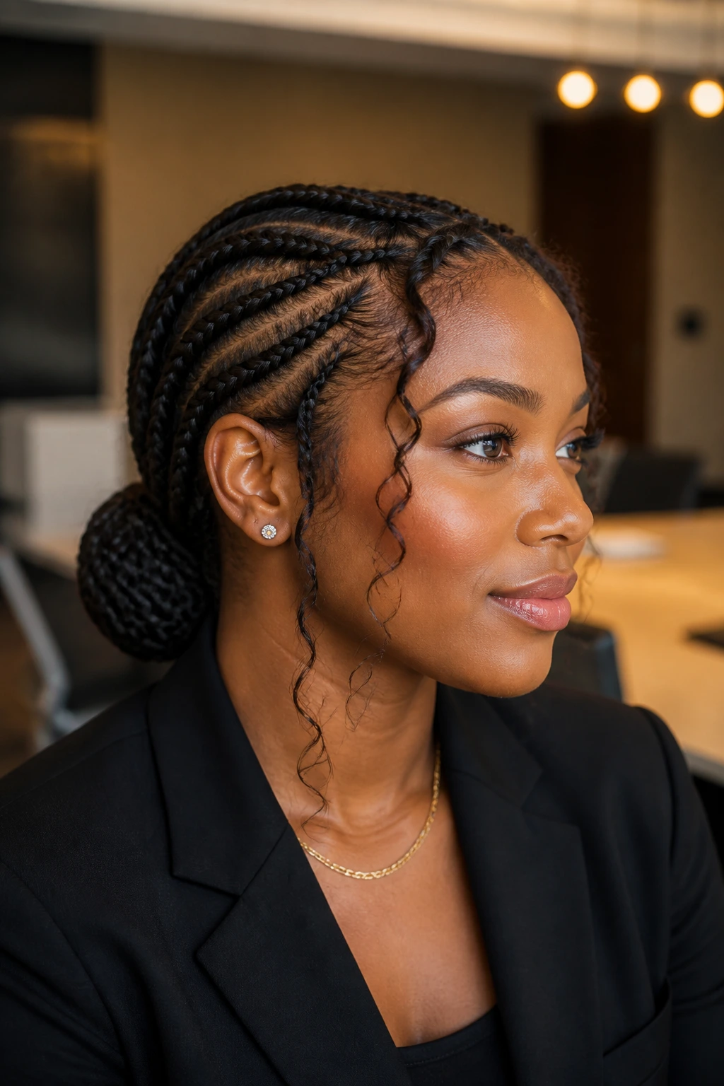 Close-up of low chignon cornrows with tendrils around the face on a real woman.