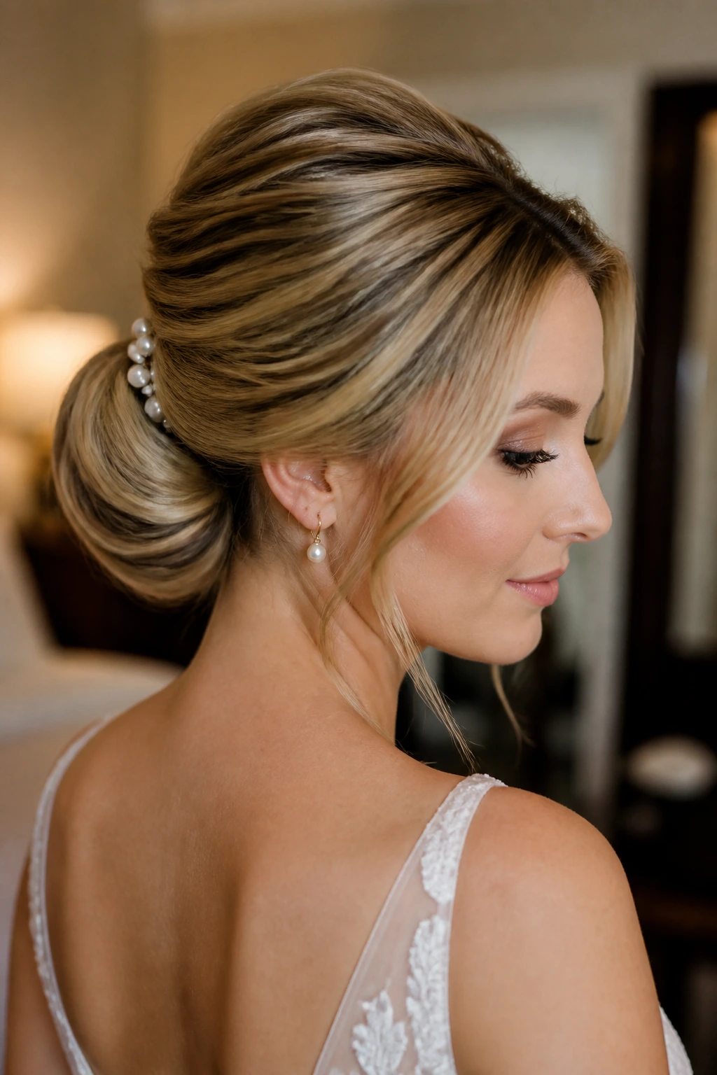 Bride with a low wrapped chignon and soft crown lift