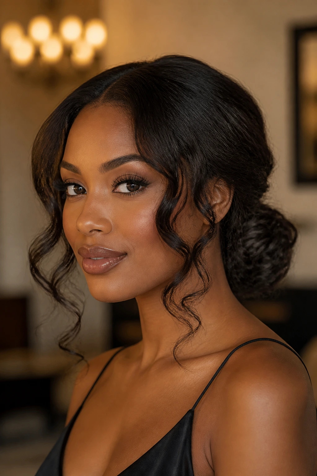 Head-and-shoulders portrait of a real woman with a low chignon and curled face pieces