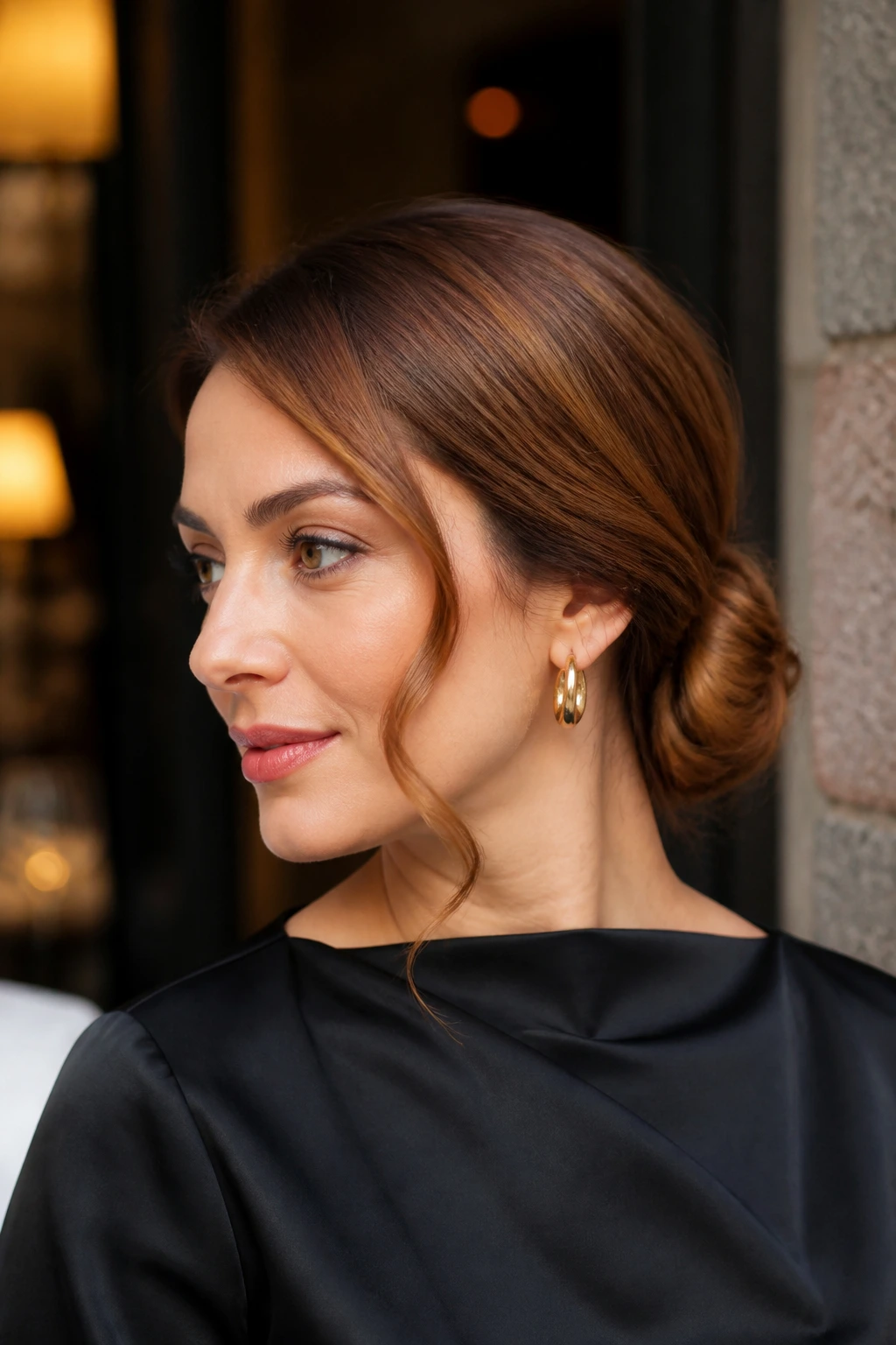 Real woman with a low chignon and curling tendril around the face.