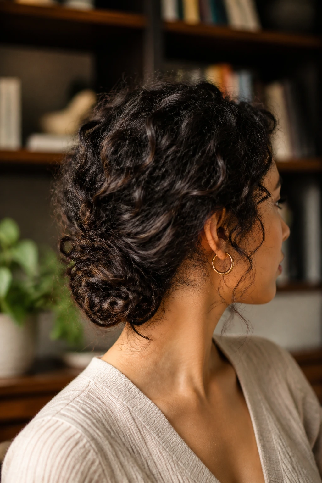 Close-up of a low chignon on thick curly hair