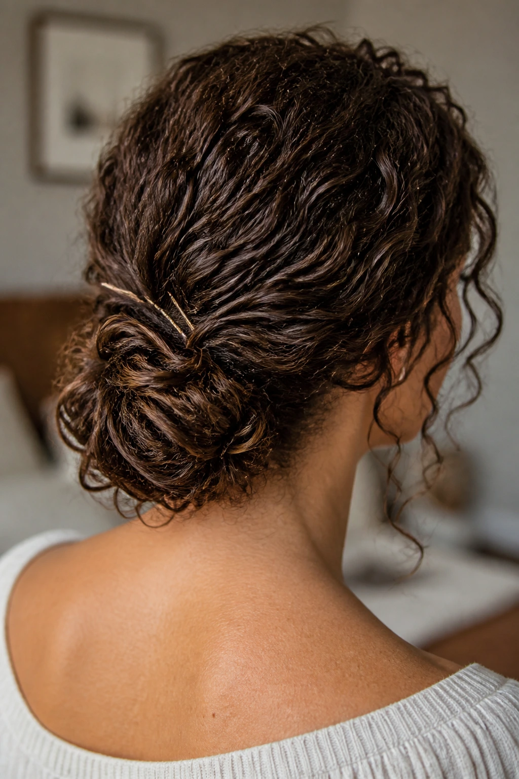 Close-up back view of a real woman with a textured low chignon showing curls