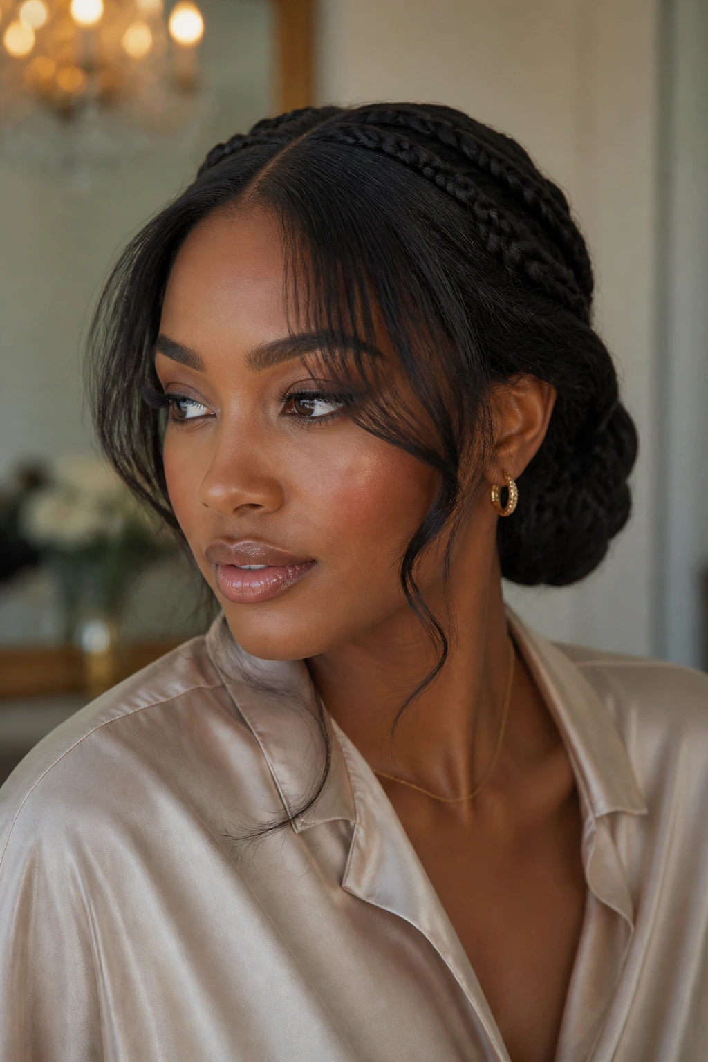 Close-up of a real woman with a low braided chignon and swept curtain bangs