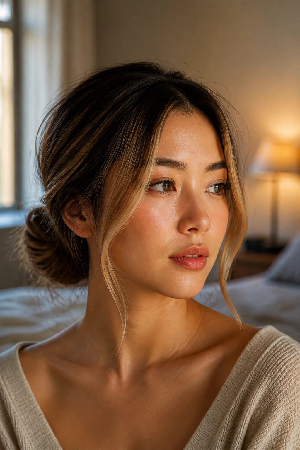 Close-up portrait of a real woman with a low chignon and face-framing pieces, warm front highlights