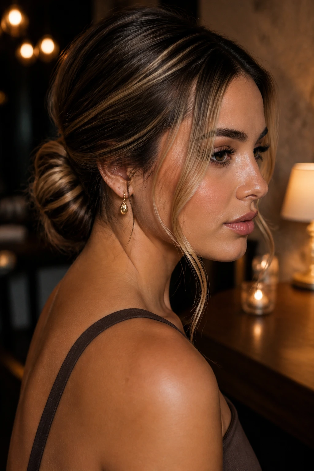 Three-quarter portrait of a woman with a low chignon and soft face-framing pieces