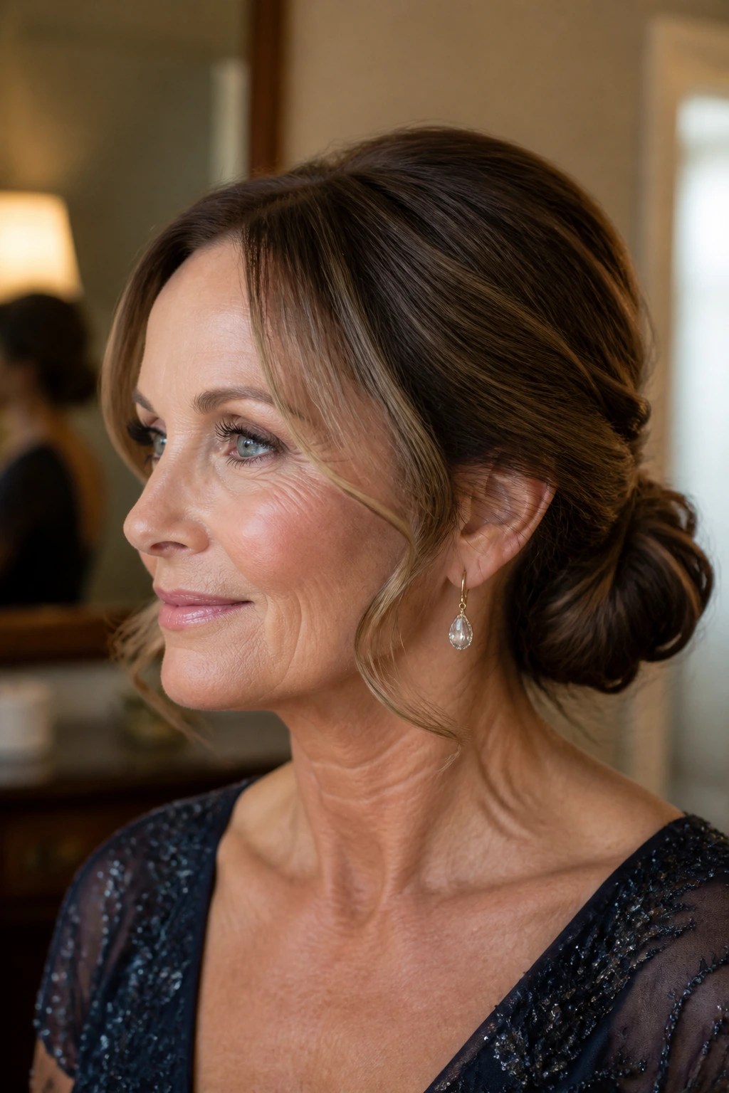 Close-up of a real woman with a soft low chignon and face-framing pieces