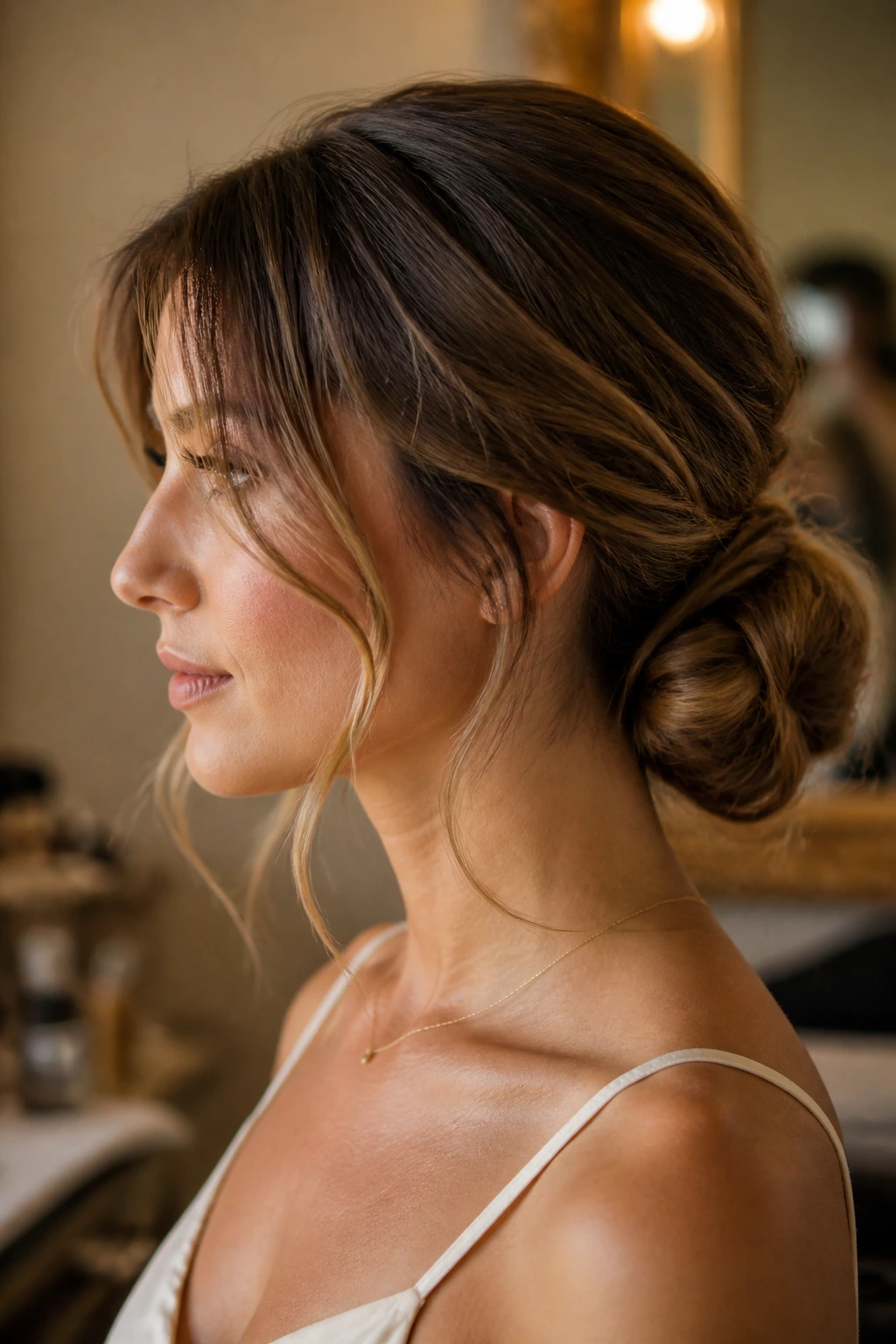 Side-profile of a real woman with a low chignon and face-framing pieces