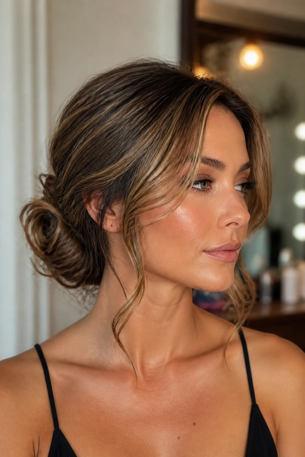 Close-up of a real woman with a soft low chignon and face-framing strands